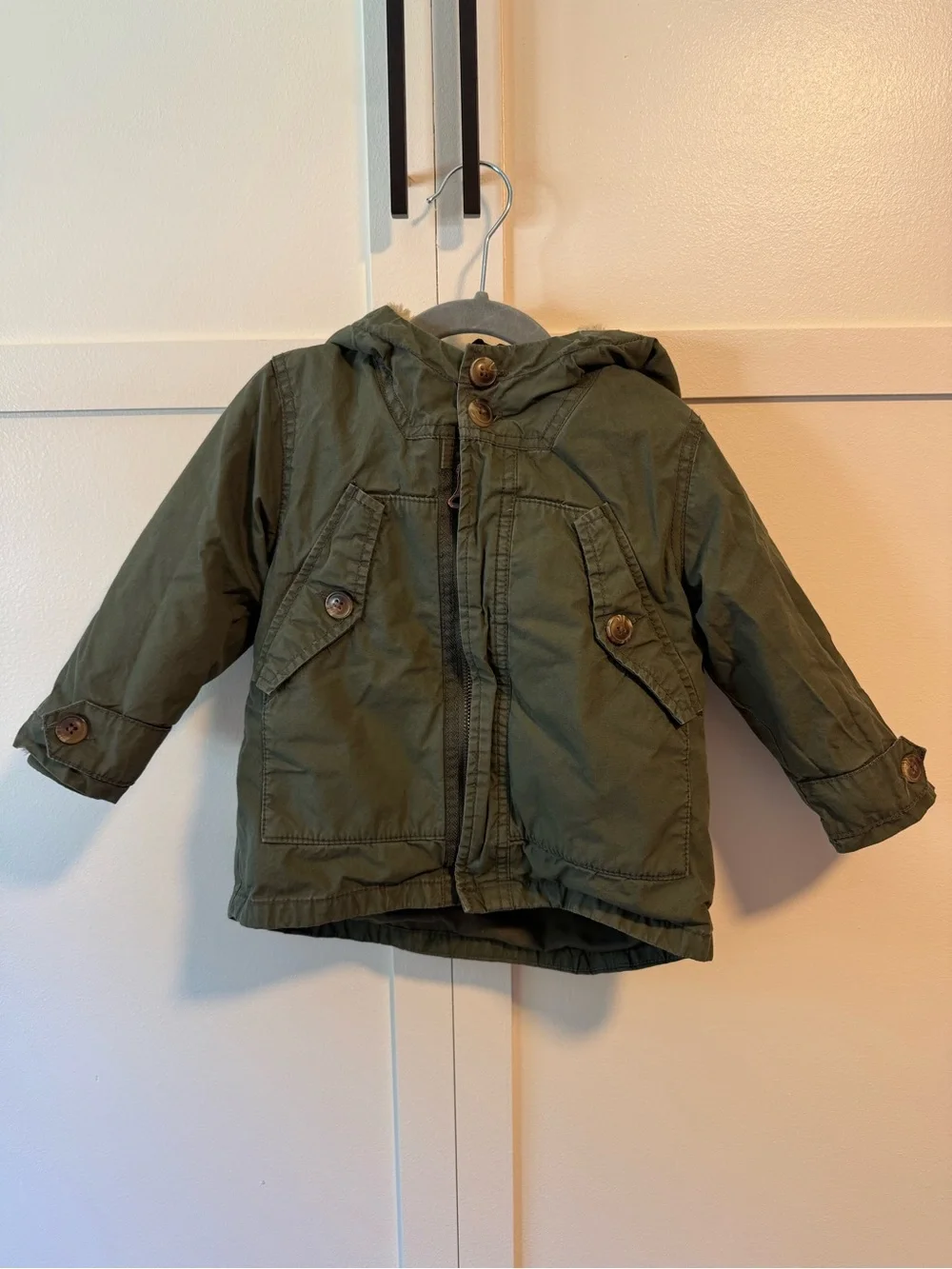 Zara Boy Green Fleece Lined Insert Utility Parka Jacket Coat Size 12-18 months